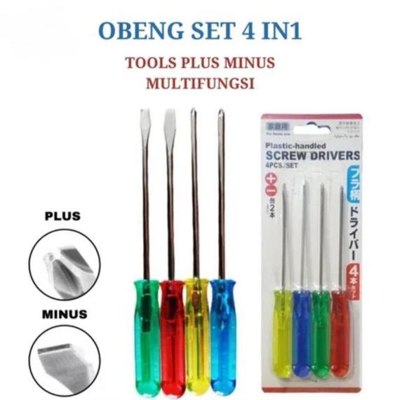 Obeng Set 4 Pcs Screwdriver Tools 4in1 Sets Plus Min Serbaguna Perkakas Pertukangan Hand Kit Tool Multifungsi Kokoh Stainless Steel Keyboard Laptop Elektronik