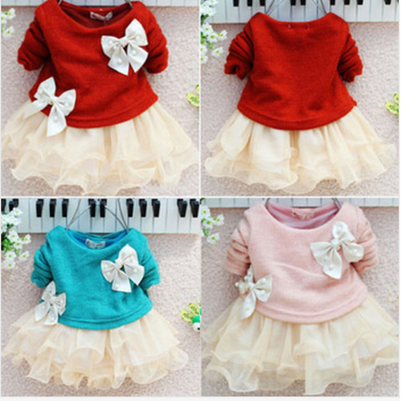 New Casual Girls Top Kid Lace Bow Princess Long Sleeve Dress 3M-2Y Clothes LXJ