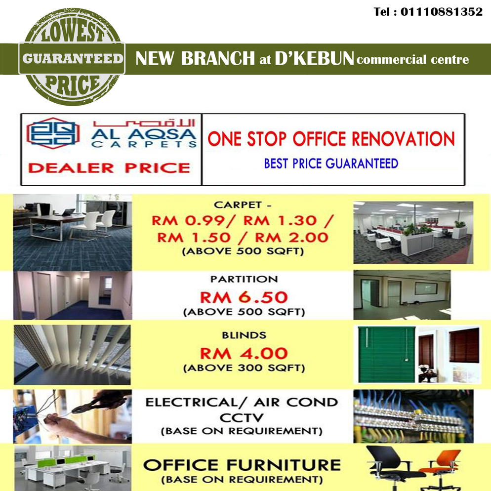 AlAqsa Carpets at Dkebun Commercial Centre Lowest Price Guaranteed Ubahsuai Pejabat Murah  AlaqsaCarpets