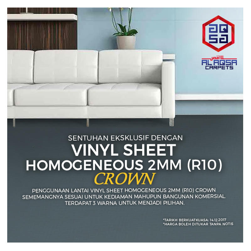 ALAQSA CARPETS VINYL SHEET HOMOGENEOUS 2MM (R10) CROWN 2MM COVER