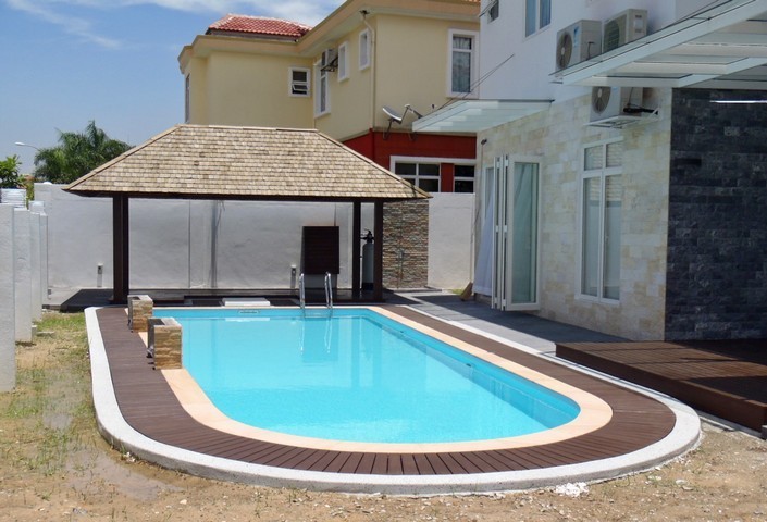 Pool side Chengal gazebo with wood shingles roofing