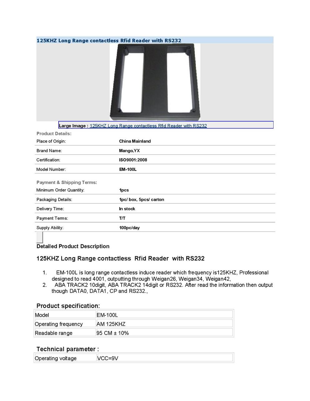 125KHZ Long Range contactless Rfid Reader with RS232