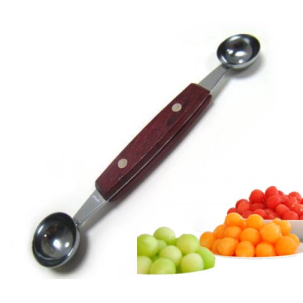 DOUBLE FRUIT BALLER WITH WOOD HANDLE STAINLESS STEEL