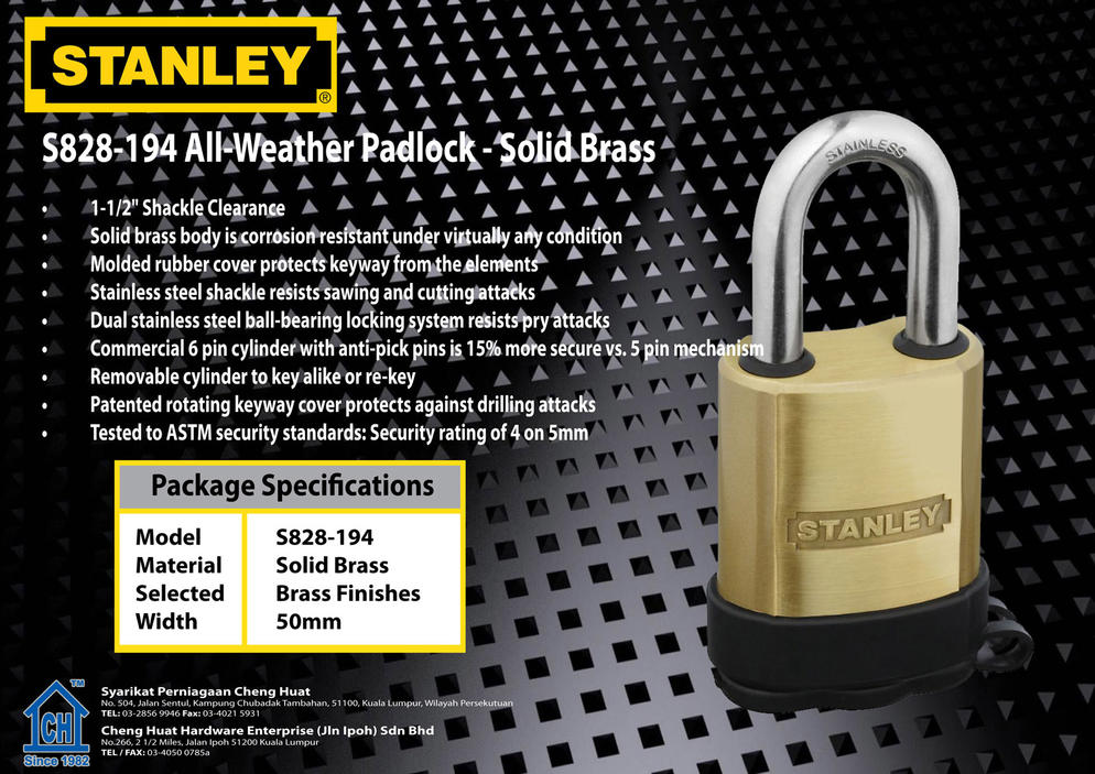 Stanley S828-194 All-Weather Padlock - Solid Brass