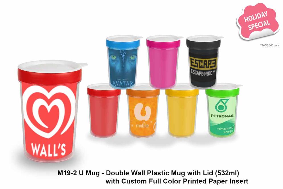 M19-2 U Mug - Double Wall Plastic Mug with Lid Custom Full Color Printed Paper Insert