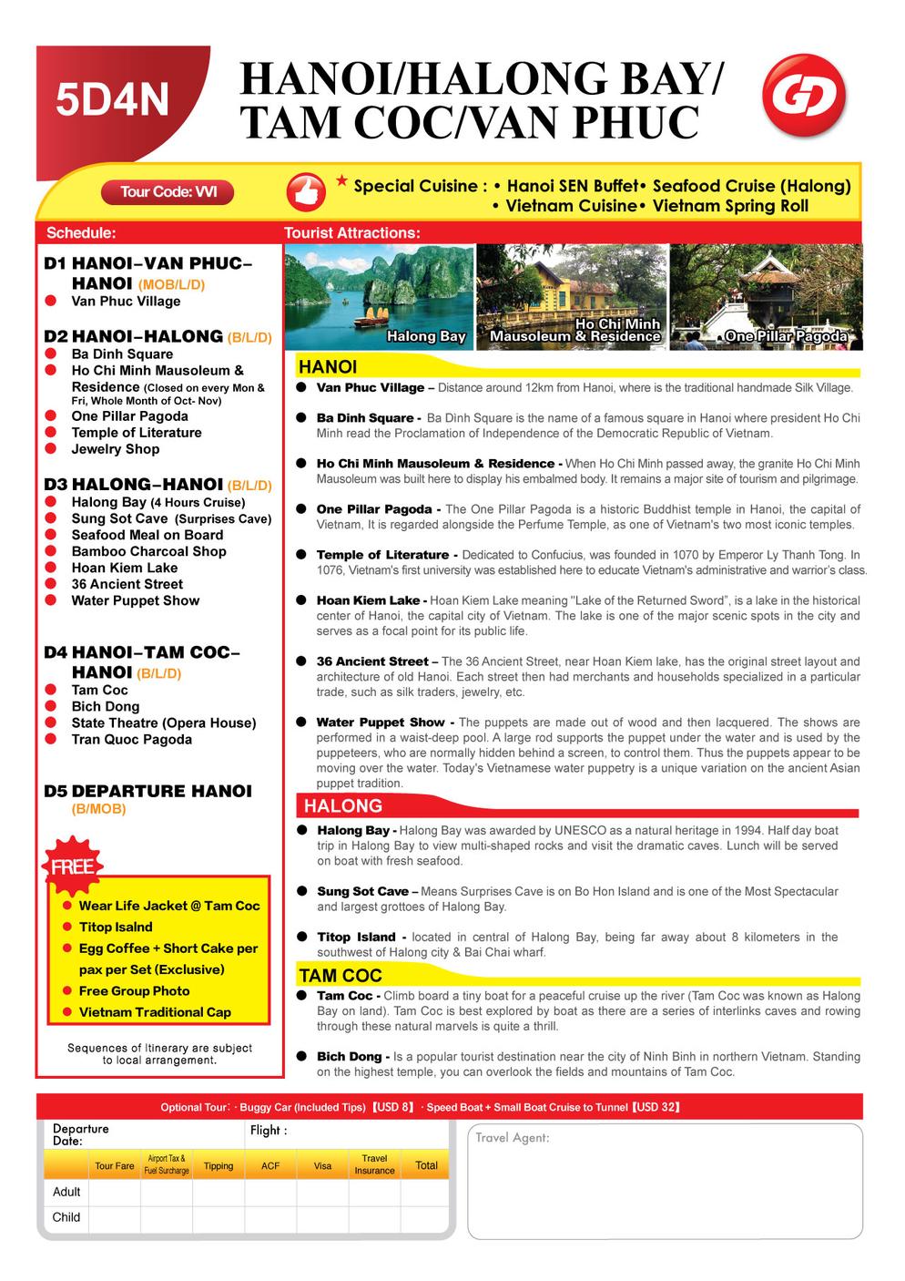 (VVI)  5D4N HANOI / HALONG / TAM COC / VAN PHUC