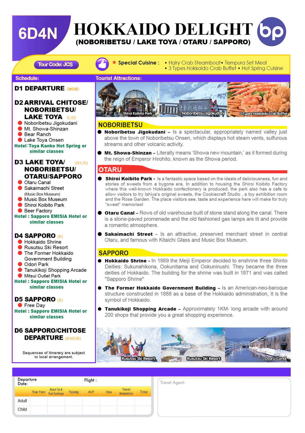 (JCS) 6D 4N HOKKAIDO DELIGHT (NOBORIBETSU / LAKE TOYA / OTARU / SAPPORO)