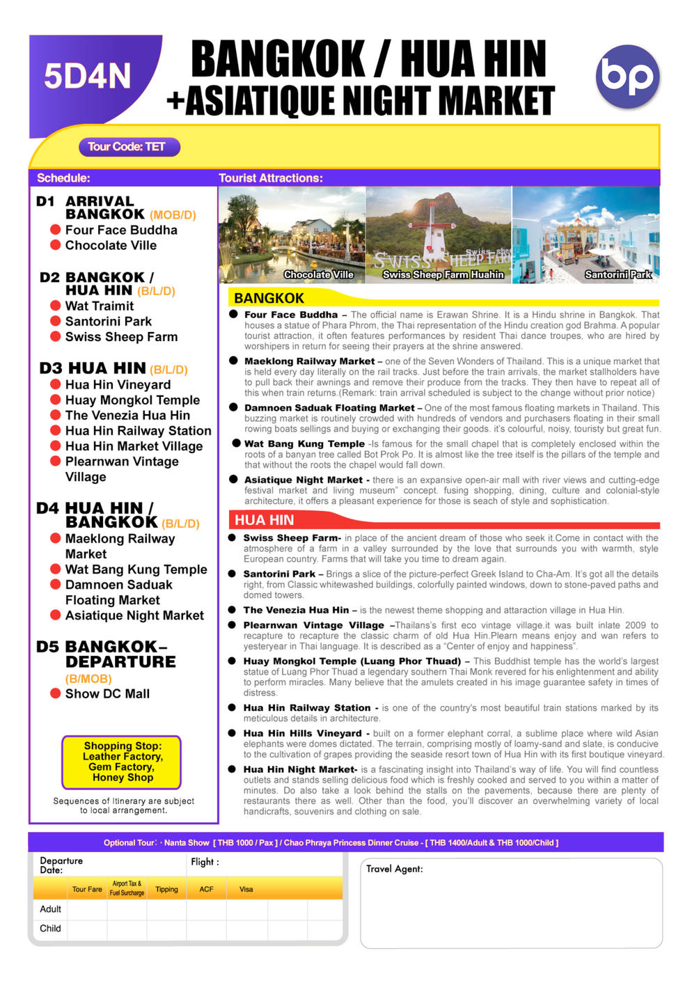 (TET - EX PEN) 5D4N BANGKOK / HUA HIN + ASIATIQUE NIGHT MARKET