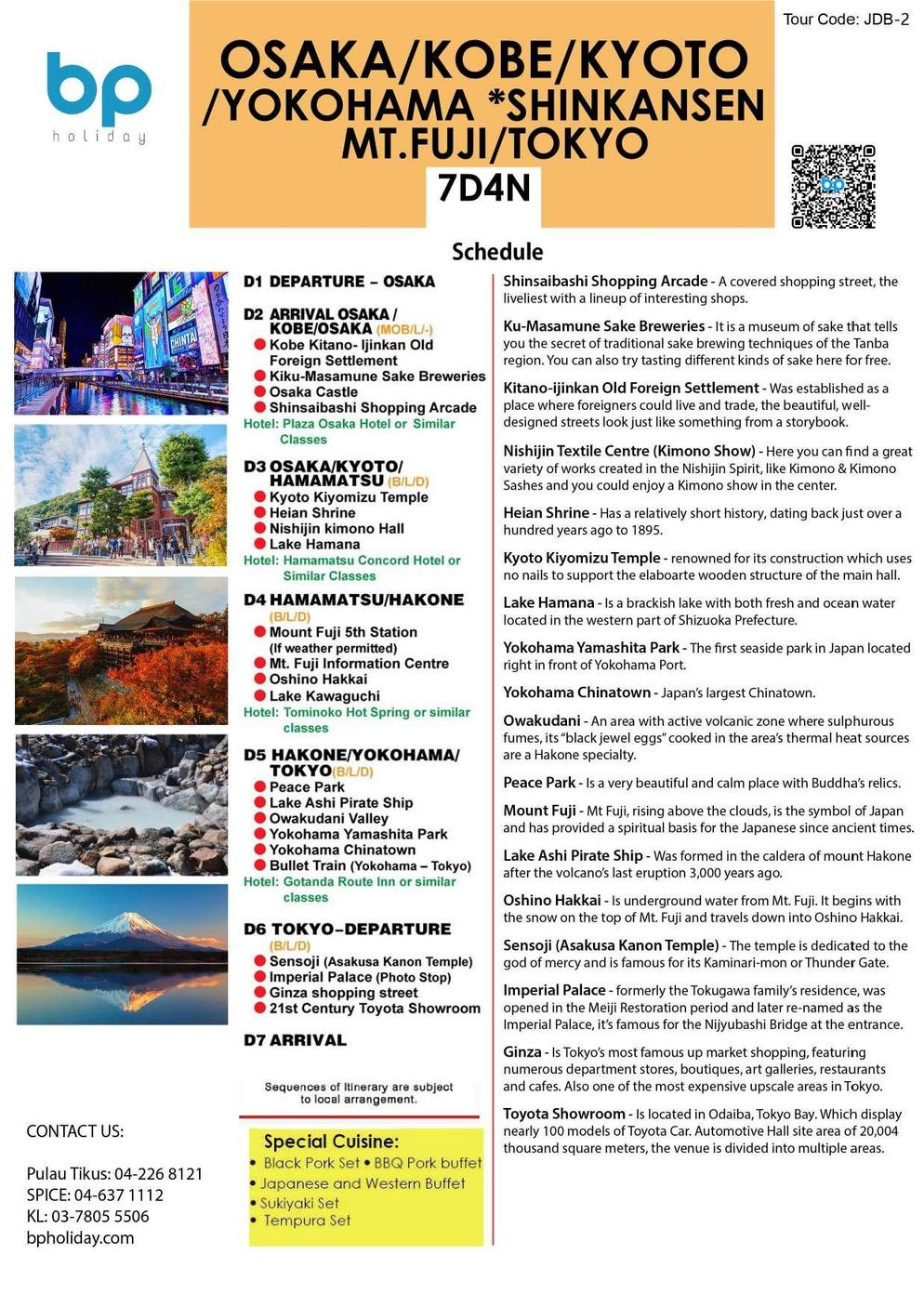 (JDB-2) 7D4N OSAKA / KOBE / KYOTO / YOKOHAMA * BULLET TRAIN / MT FUJI / TOKYO
