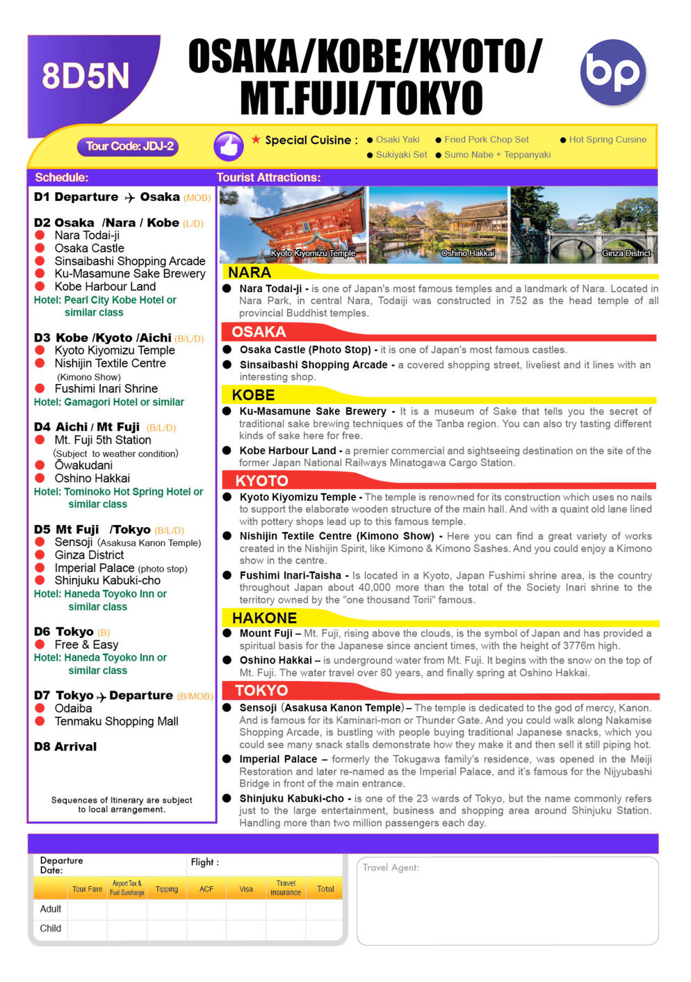 [JDJ-2 ]8D5N  OSAKA / KYOTO / KOBE / HAKONE / MT FUJI / TOKYO +1 FREE DAY