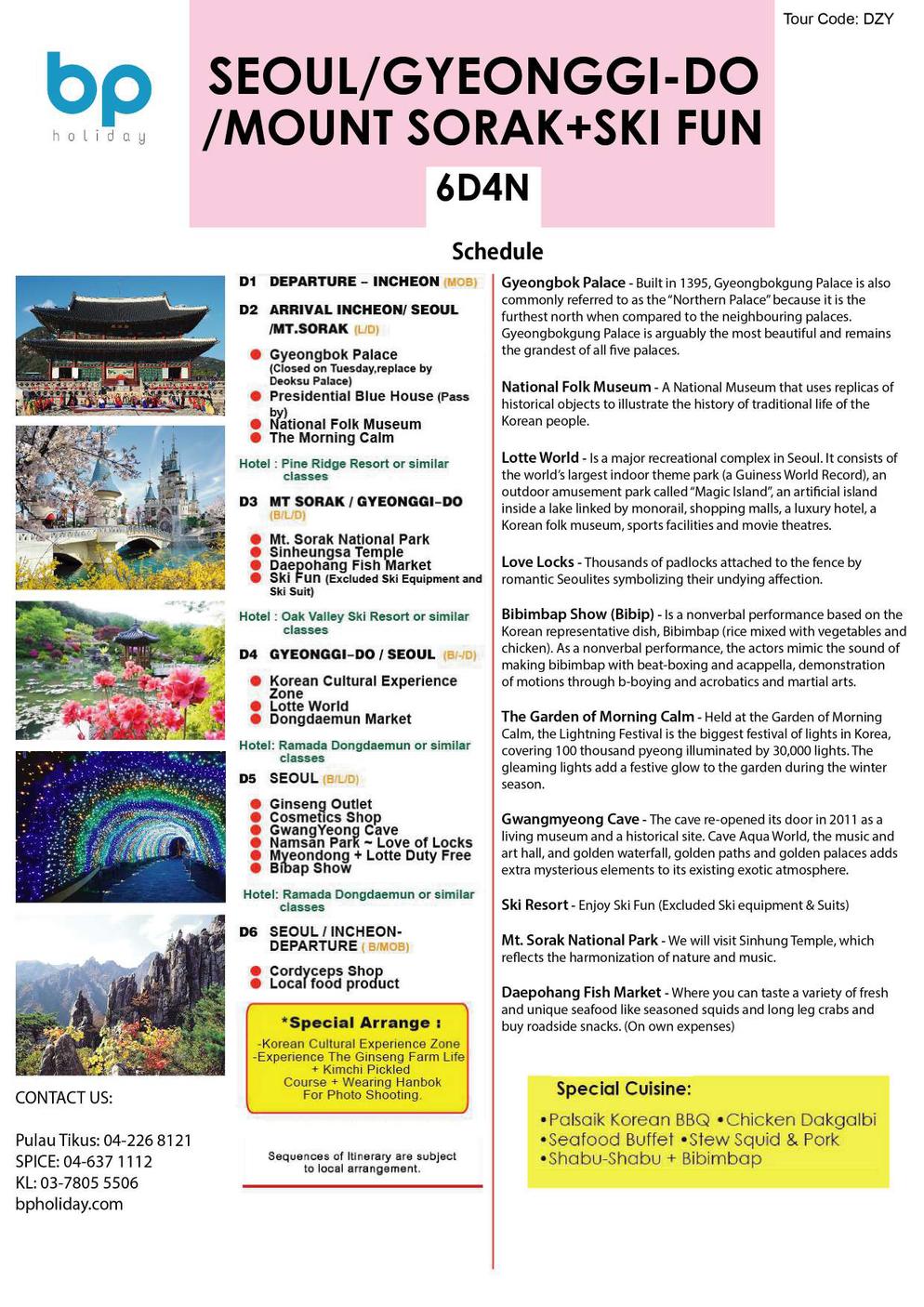 (DZY) 6D4N SEOUL /GYEONGGI-DO /MOUNT SORAK + SKI FUN