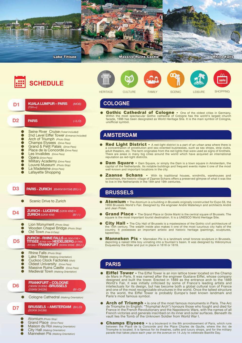 (10EFH) 10D7N  EUROPE LEGEND  (TITISEE, RHINEFALL, ZURICH, LUCERNE, HEIDELBERG, COLOGNE, AMSTERDAM, BRUSSEL, PARIS)