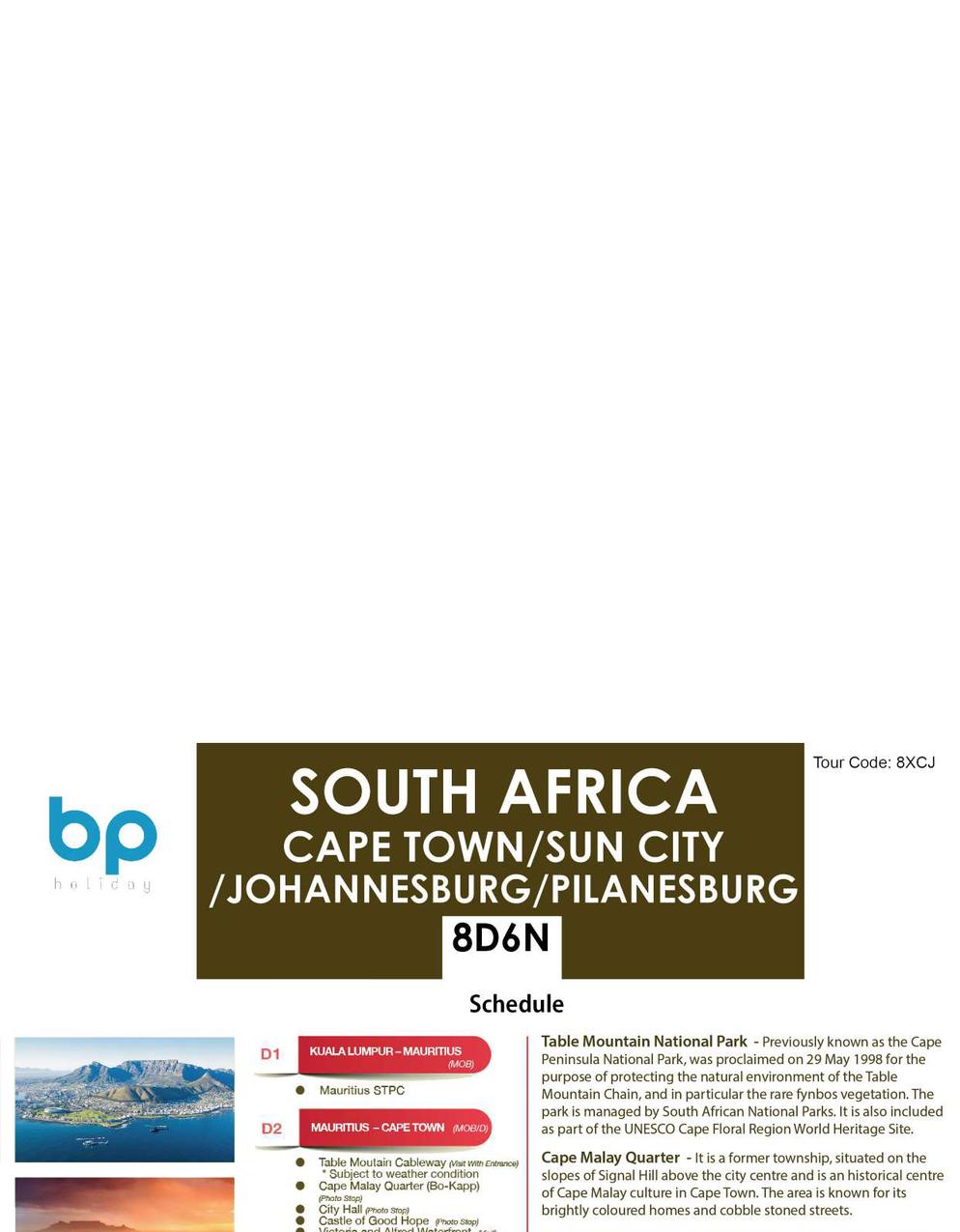 [8XCJ ] 8D6N SOUTH AFRICA (CAPE TOWN, SUN CITY, JOHANNESBURG, PILANESBERG)