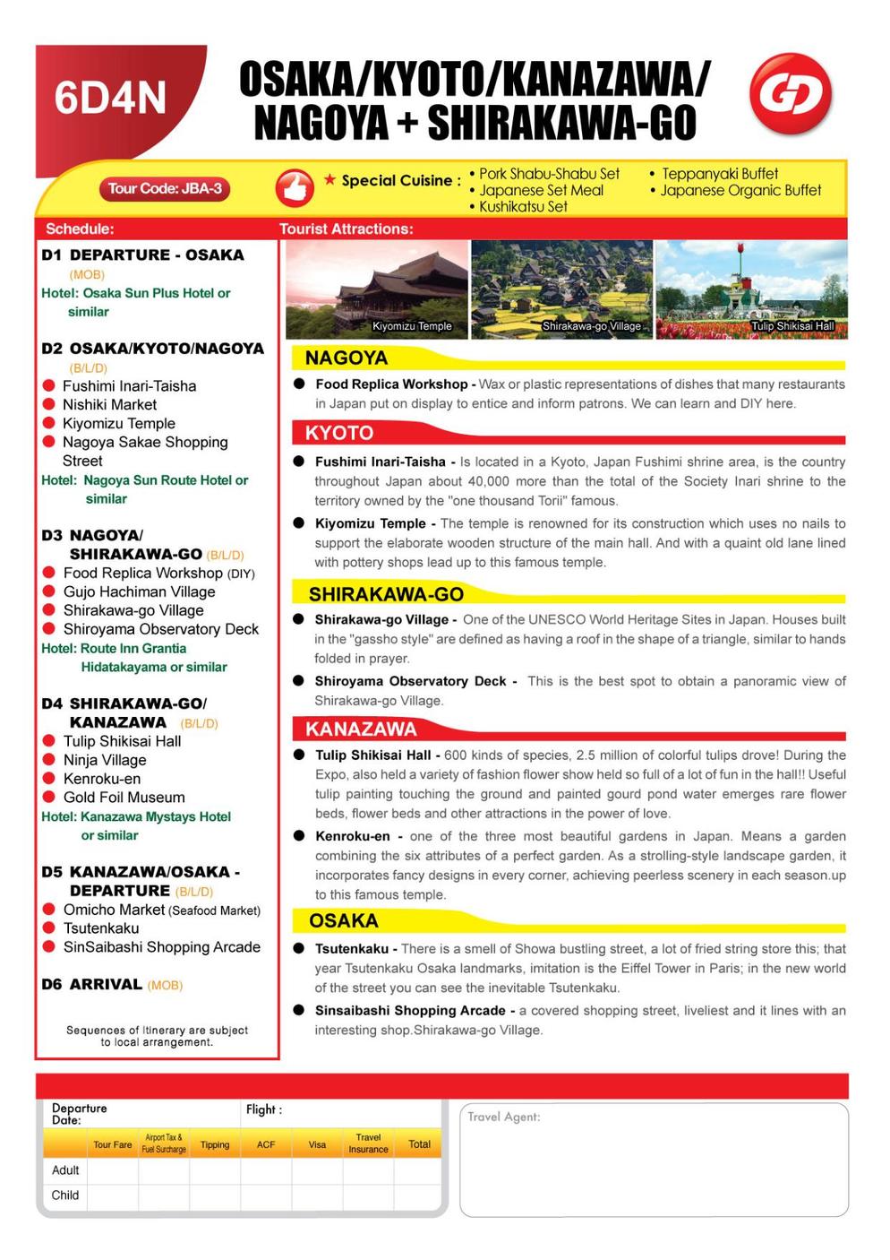 [JBA-3] 6D4N OSAKA/SHIRAKAWA-GO/NAGOYA/KANAZAWA