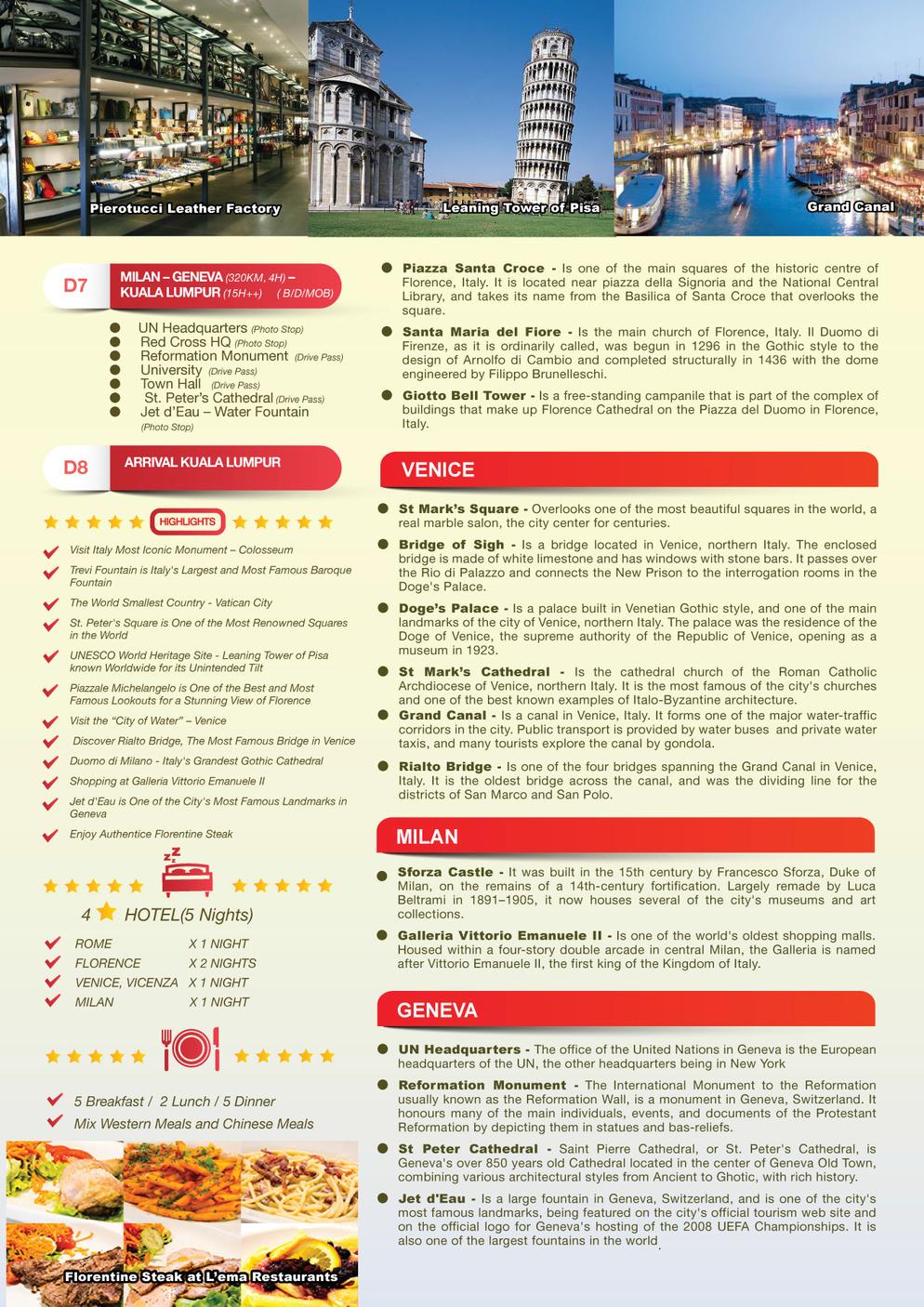 (8ERG) 8D5N ITALY & GENEVA TOUR (ROME, VANTICAN CITY, PISA, FLORENCE, VENICE, MILAN, GENEVA)