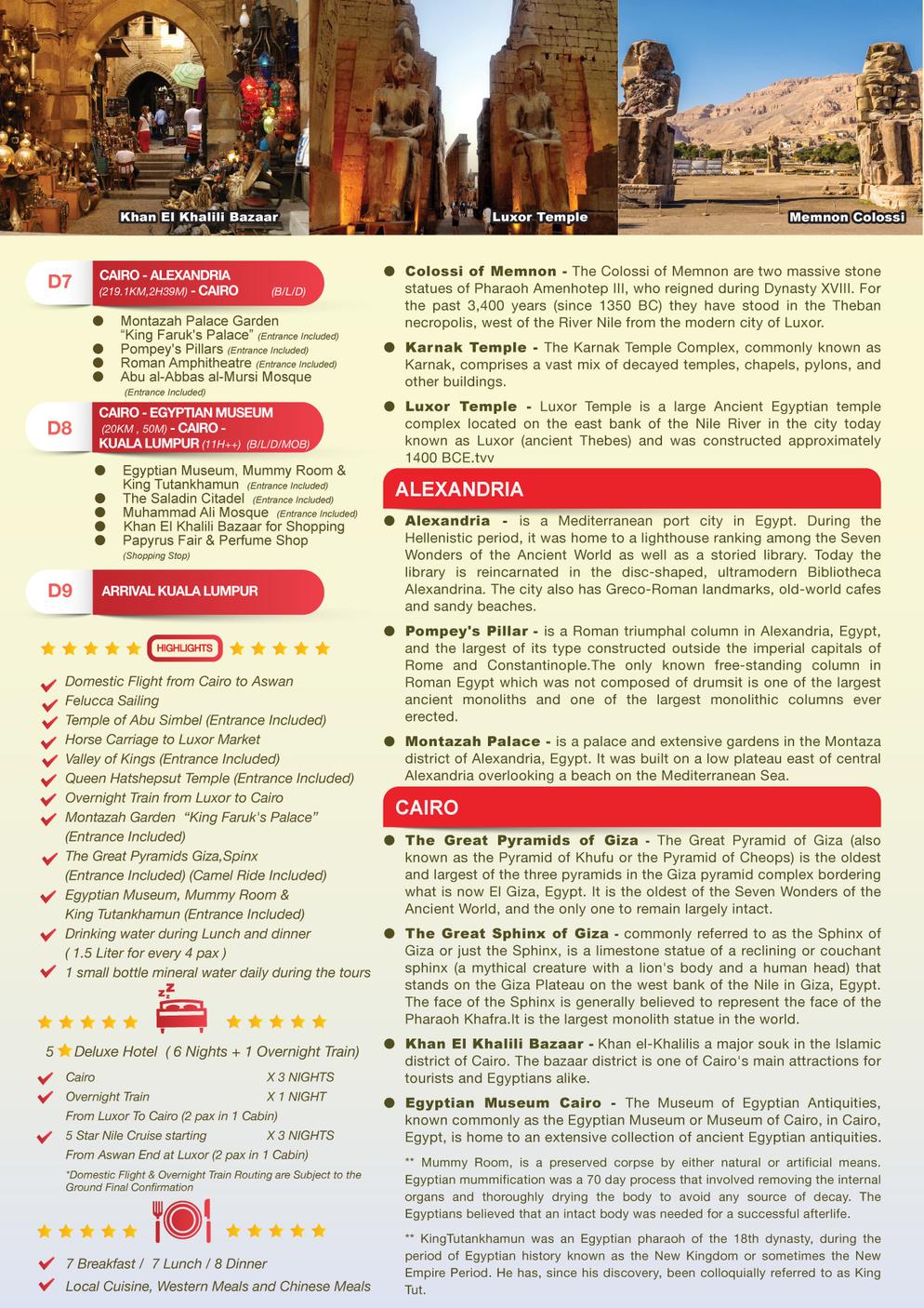 [9XCC] 9D7N MYSTERIOUS EGYPT (CAIRO, ALEXANDRIA, ASWAN, ABU SIMBEL, NILE CRUISE, LUXOR) – 1 WAY DOMESTIC FLIGHT & OVERNIGHT TRAIN
