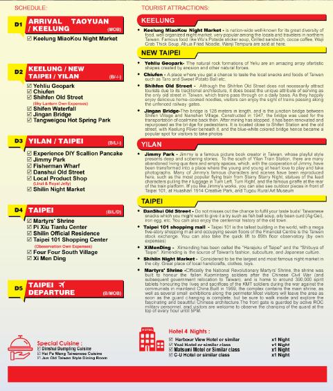 (WLB-4) 5D4N TAIPEI / TAOYUAN / KEELUNG / YELIU / JIUFENEI / TAOYUAN / KEELUNG / YELIU / JIUFEN