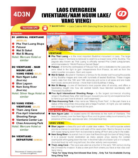 (LPC) LAOS EVERGREEN (VIENTIANE / NAM NGUM LAKE / VANG VIENG)