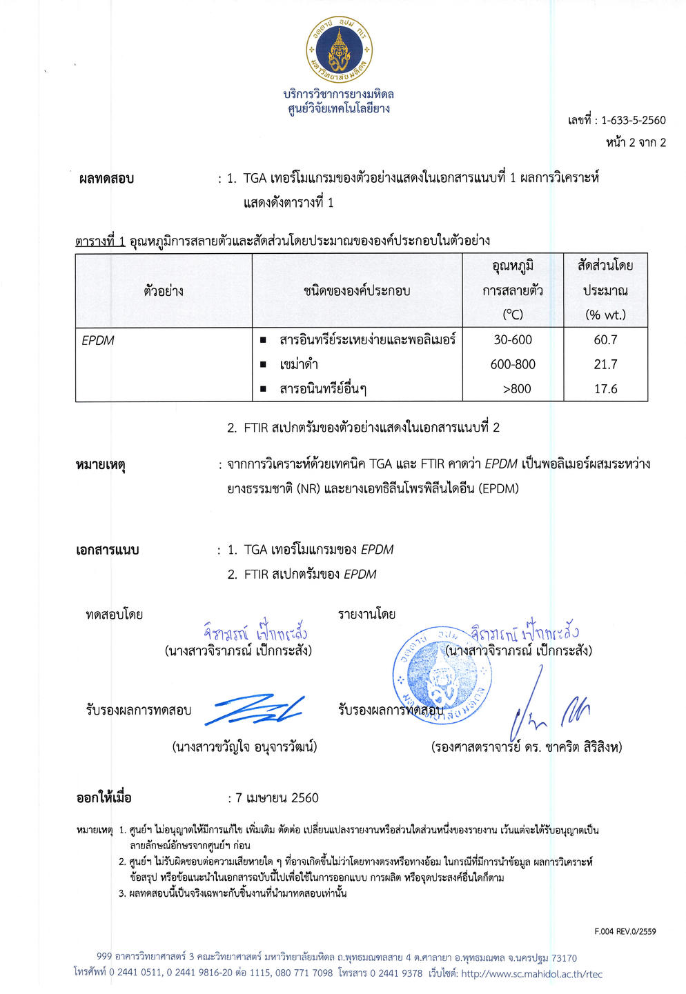 เอกสารผลทดสอบจากศูนย์วิจัยเทคโนโลยียาง หน้าที่ 2