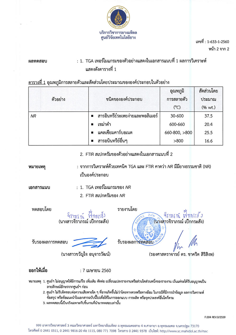 เอกสารผลทดสอบจากศูนย์วิจัยเทคโนโลยียาง หน้าที่ 2