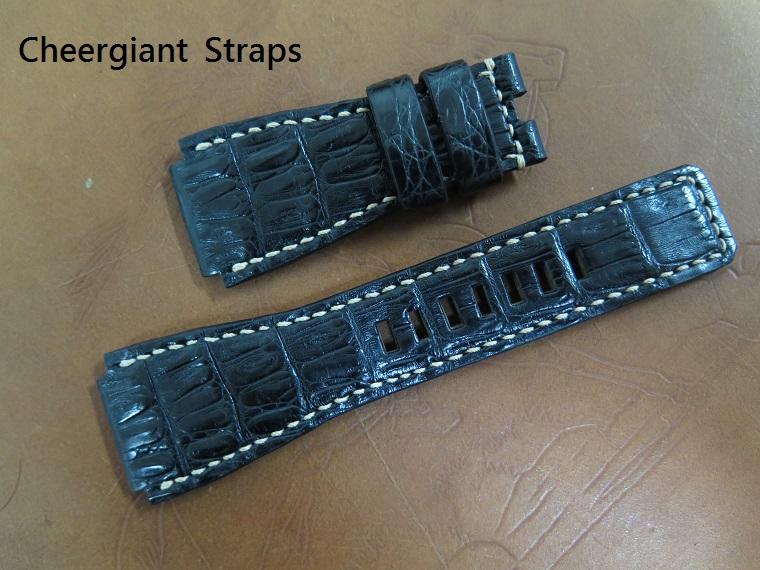 B&R BR 02 black crocodile strap, 26x24mm,80x140mm, thick 5mm taper to 4mm, cream stitch