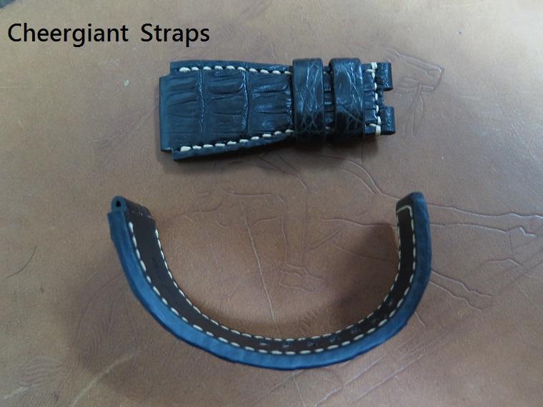 B&R BR 02 black crocodile strap, 26x24mm,80x140mm, thick 5mm taper to 4mm, cream stitch