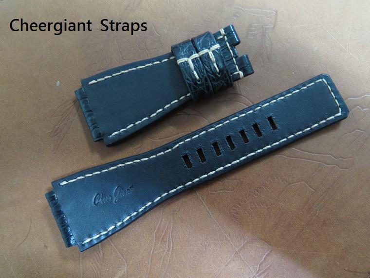 B&R BR 02 black crocodile strap, 26x24mm,80x140mm, thick 5mm taper to 4mm, cream stitch