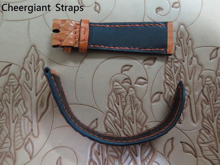 Rolex 1803 orange padded croco strap, 20x16mm, 70c110mm, thick 3mm taper to 2mm, match stitching