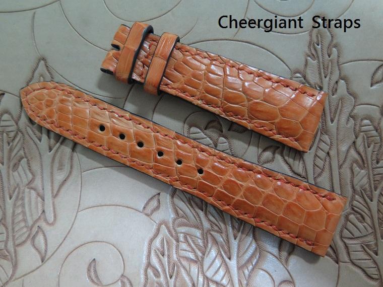 Rolex 1803 orange padded croco strap, 20x16mm, 70c110mm, thick 3mm taper to 2mm, match stitching